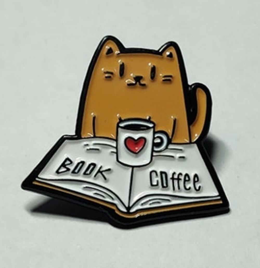 Cute Cat Book & Coffee Pin Kitty Lapel Hat Brooch